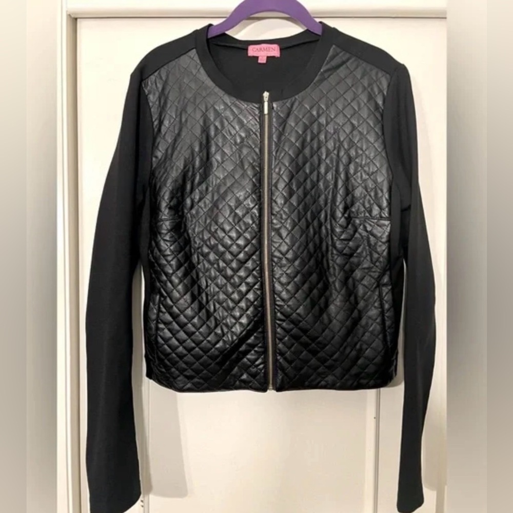 Carmen Marc Valvo Black Quilted Front Faux-Leather Jacket